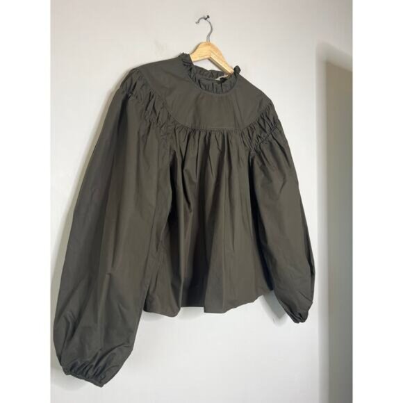 NEW Ulla Johnson Ardith Ruffled Mock-Neck Blouse Top in Militaire Size: 10 - Picture 3 of 7